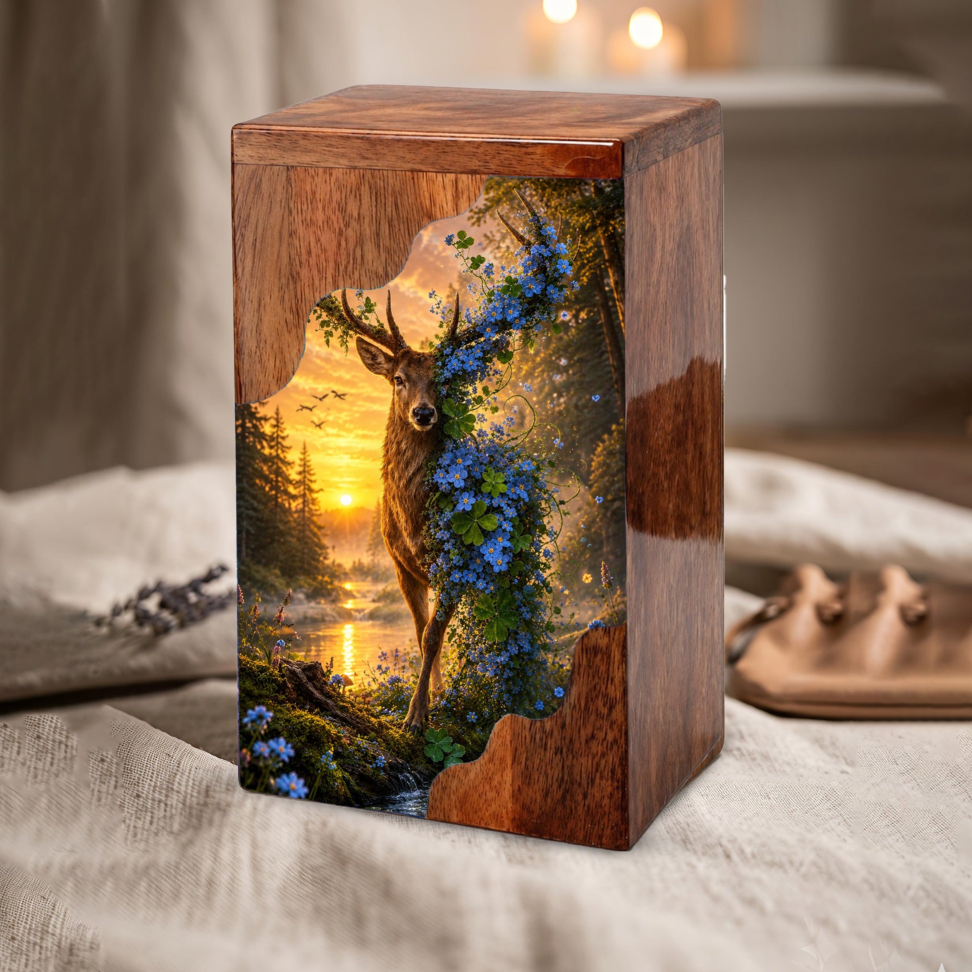Deer Wooden Cremation Urn – Nature Memorial Urn for Human Ashes