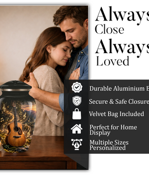 Personalized Guitar Cremation Urn for Ashes, Musical Instrument Urn with Golden Music Notes, Custom Music Lover Urn