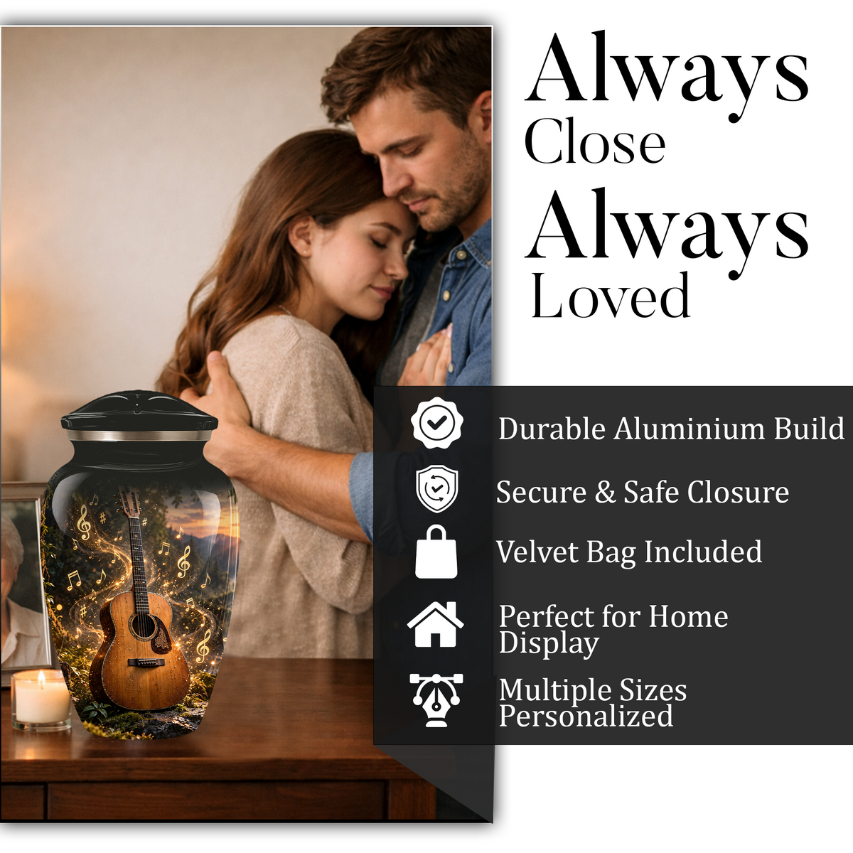 Personalized Guitar Cremation Urn for Ashes, Musical Instrument Urn with Golden Music Notes, Custom Music Lover Urn