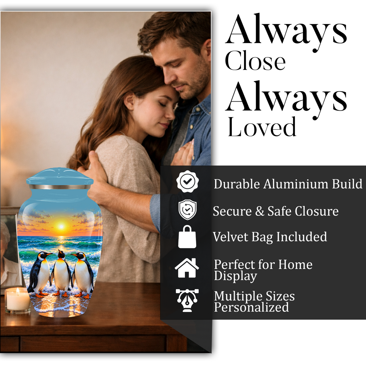 , Penguin Beach Sunset Memorial Urn, Ocean-Themed Urn for Human Ashes