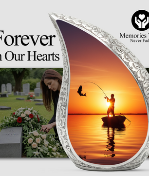 Fishing Personalized Cremation Urn for Dad – Teardrop Style Aluminum Memorial Urn, 10 Inch