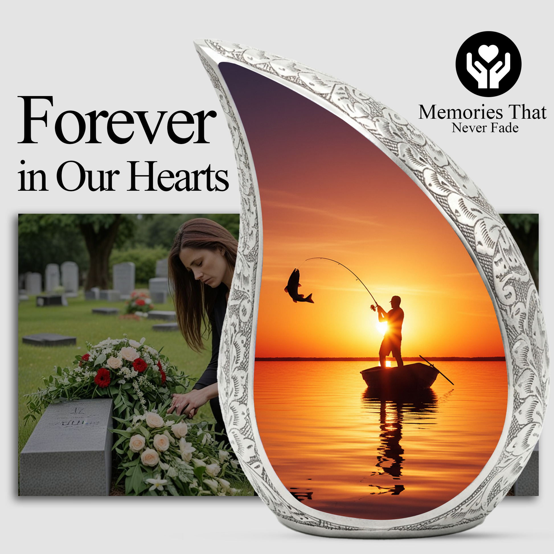 Fishing Personalized Cremation Urn for Dad – Teardrop Style Aluminum Memorial Urn, 10 Inch