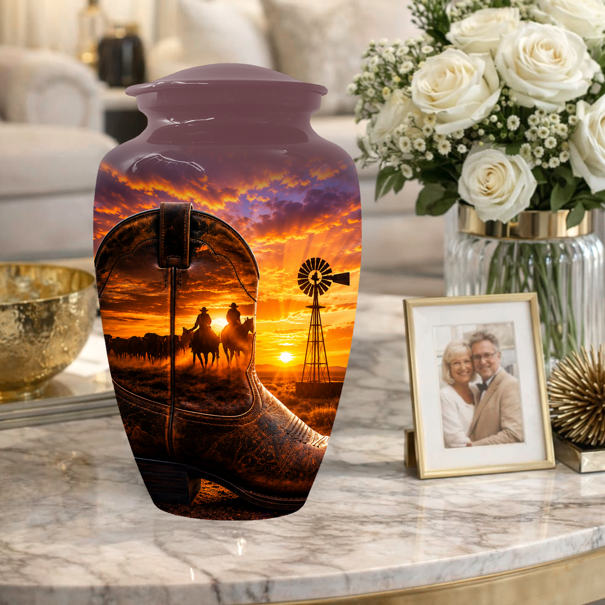 Cowboy Cremation Urn for Dad, Western Boot Memorial keepsake Urns for Ashes