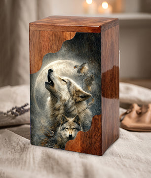 Wolf Cremation Urn for Dad | Wooden Urn for Human Ashes