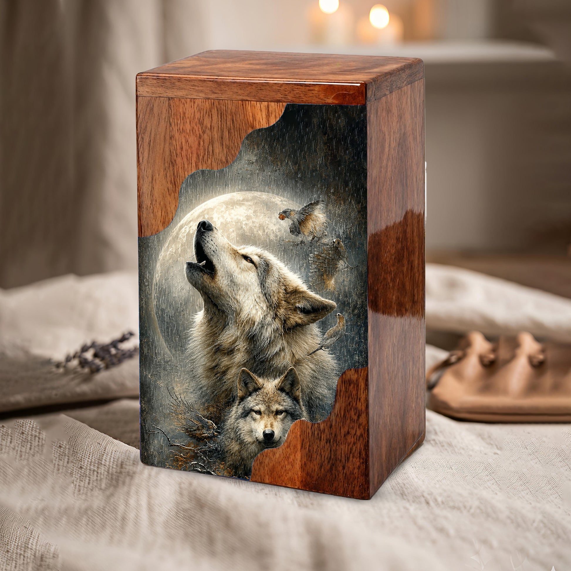 Wolf Cremation Urn for Dad | Wooden Urn for Human Ashes