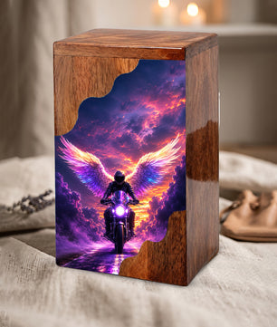 Motorcycle Angel Wings Wooden Cremation Urn – Ride Free Memorial Urn for Human Ashes