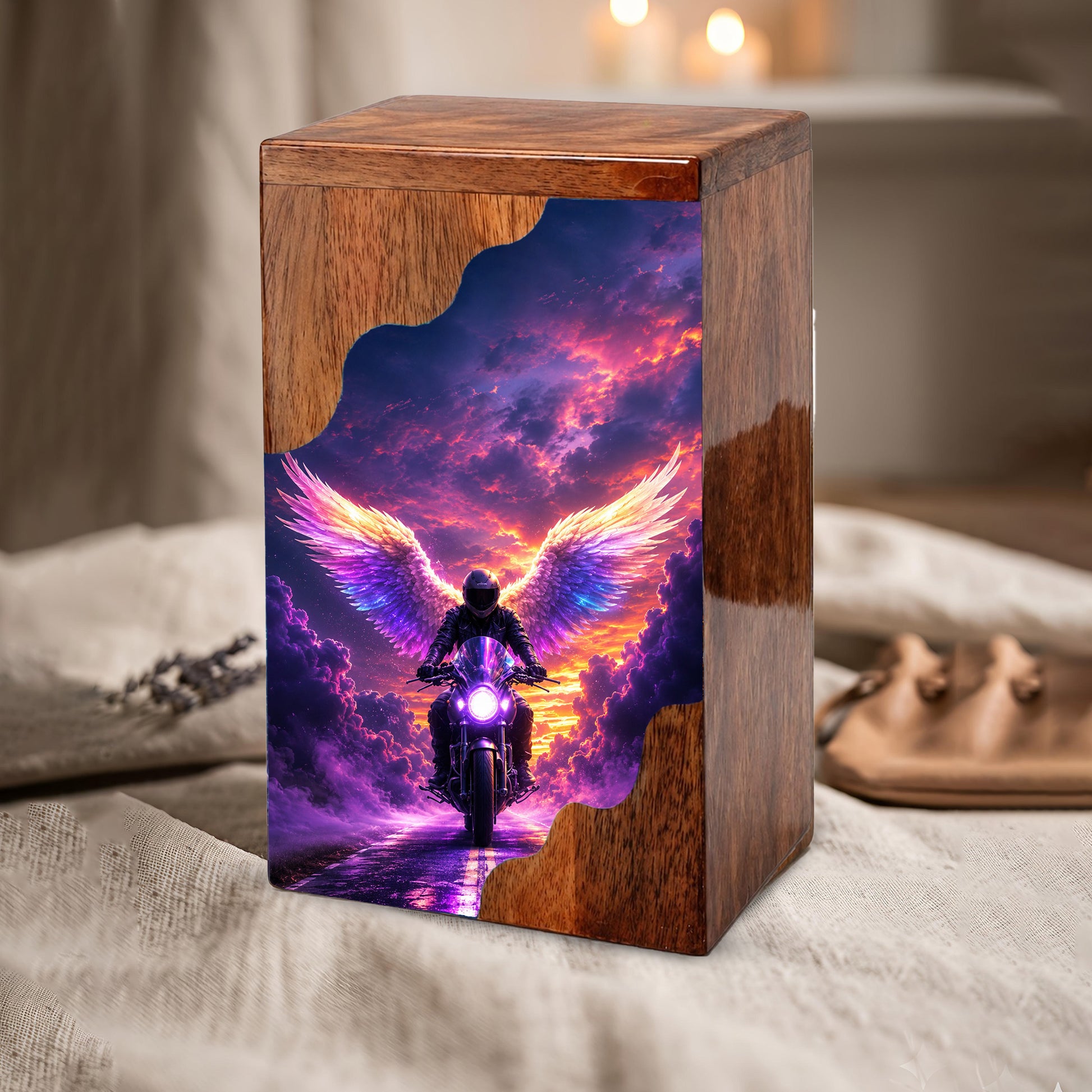 Motorcycle Angel Wings Wooden Cremation Urn – Ride Free Memorial Urn for Human Ashes