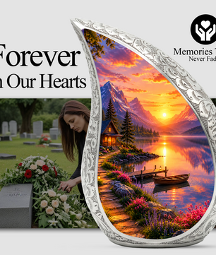 Sunset Lake Cremation Urn for Adult Ashes, Mountain Landscape Memorial Urn