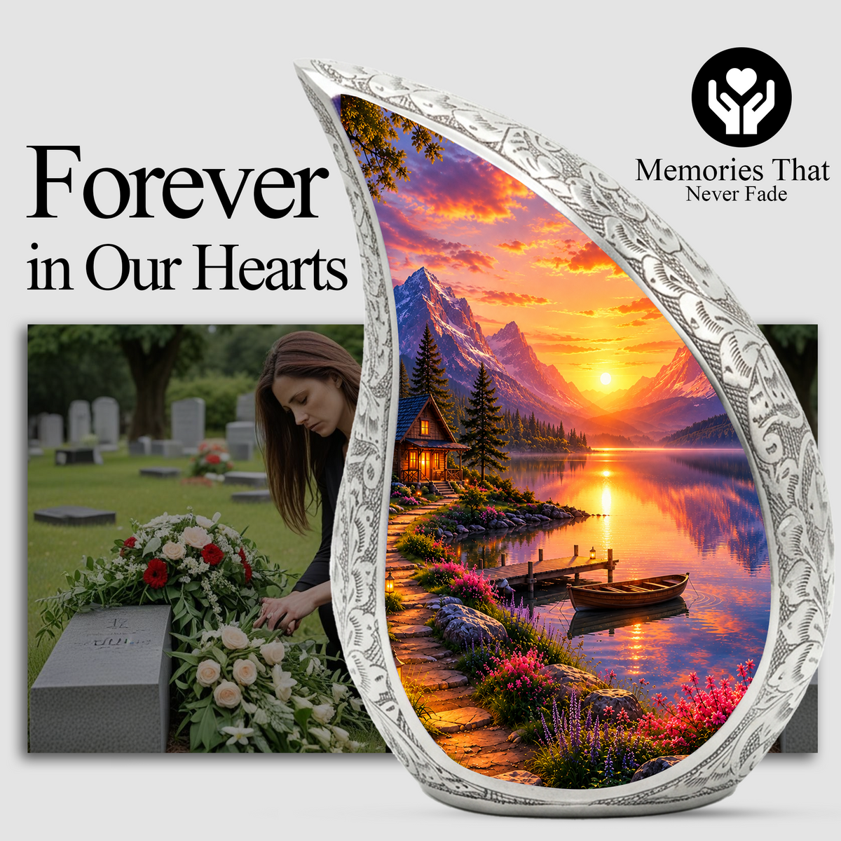 Sunset Lake Cremation Urn for Adult Ashes, Mountain Landscape Memorial Urn