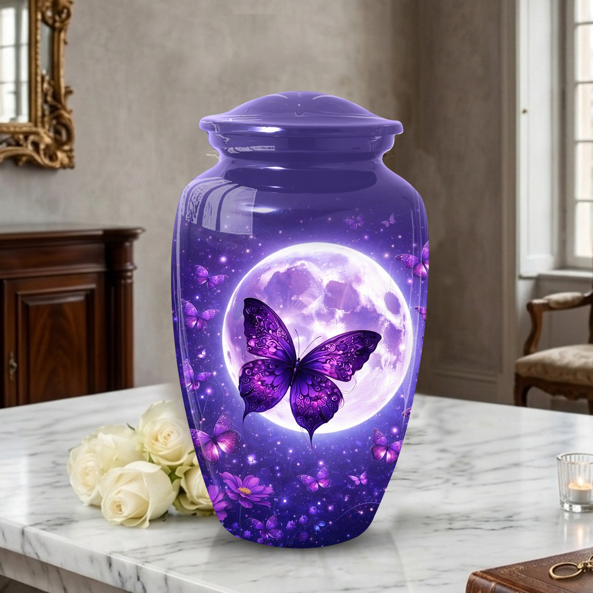Purple Moon Butterfly Large  Urn for Mom | Butterfly Cremation Urn for Ashes