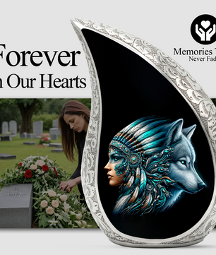 Native American Woman Urn for Mom with Wolf Spirit Art – Personalized Memorial Urn for Human Ashes