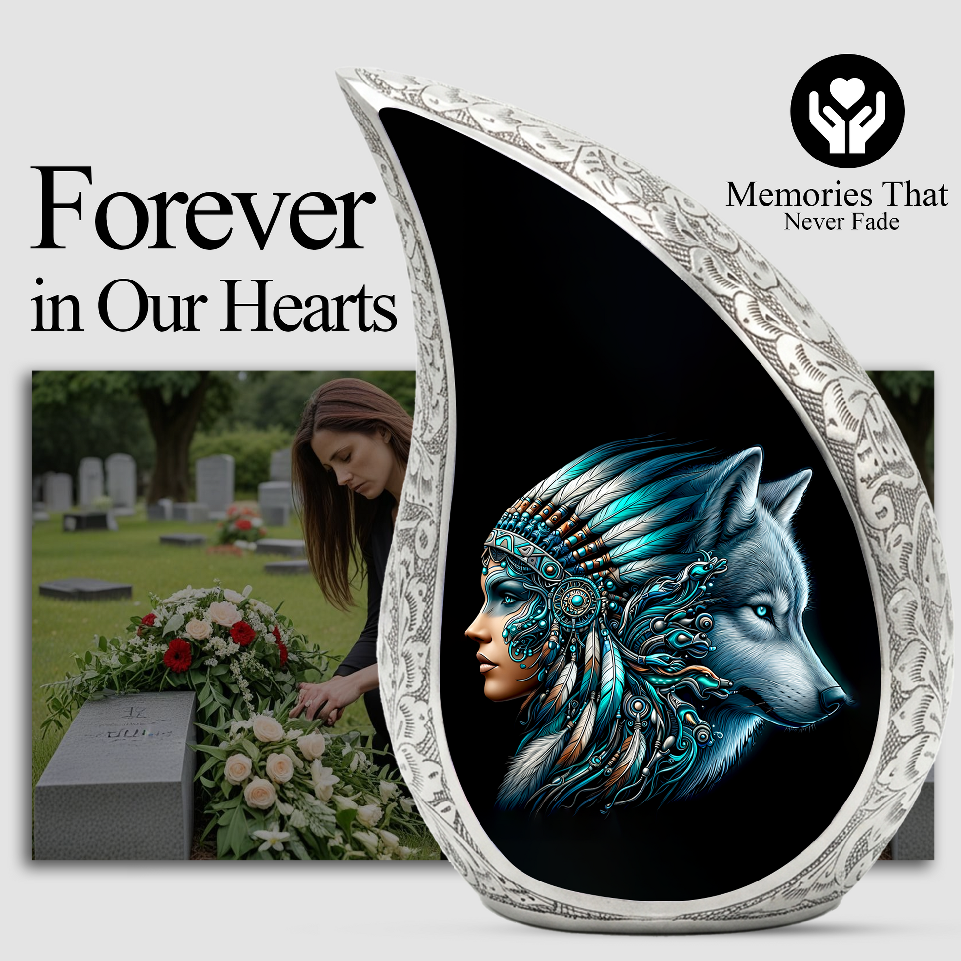 Native American Woman Urn for Mom with Wolf Spirit Art – Personalized Memorial Urn for Human Ashes