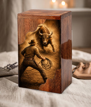 Western Cowboy Cremation Urn – Wooden Urn for Human Ashes