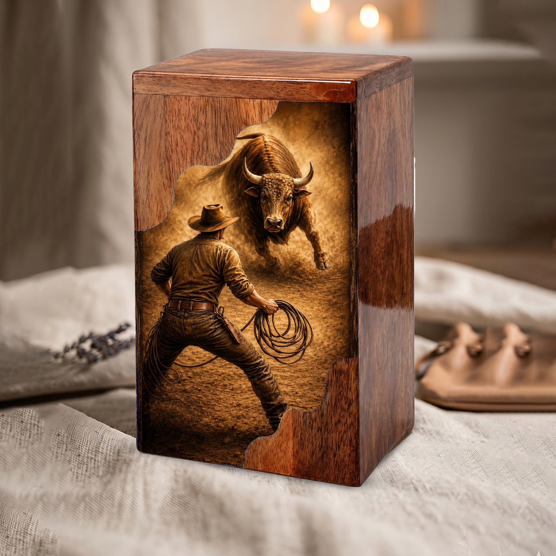 Western Cowboy Cremation Urn – Wooden Urn for Human Ashes