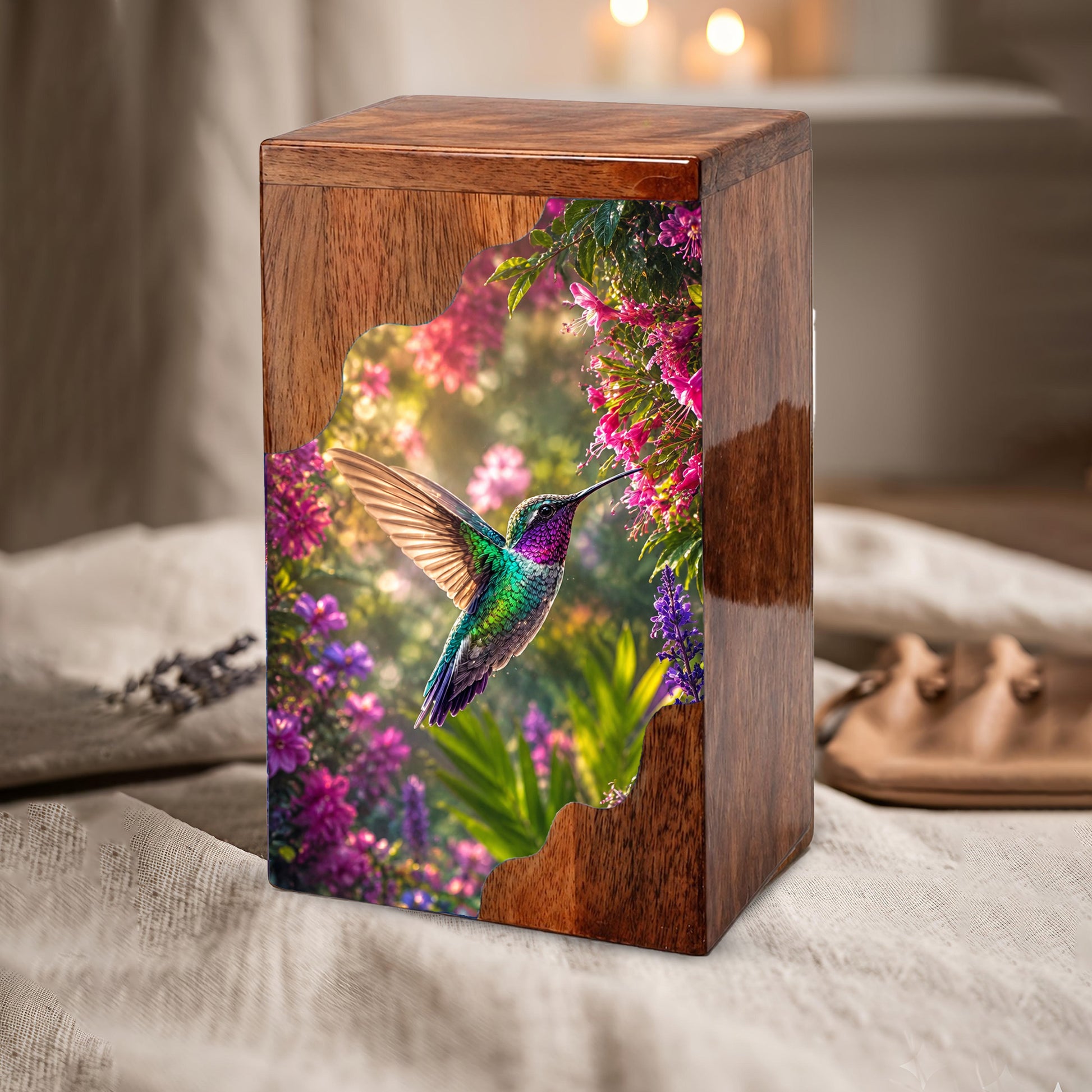 Hummingbird Wooden Cremation Urn for Mom | Handcrafted Floral Memorial Urn for Human Ashes