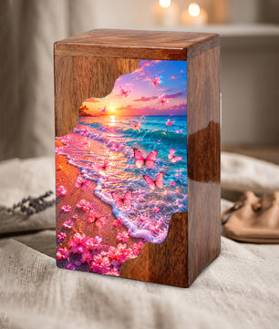 Pink Butterfly Beach Wooden Cremation Urn – Sunset Ocean Memorial Urn for Mom