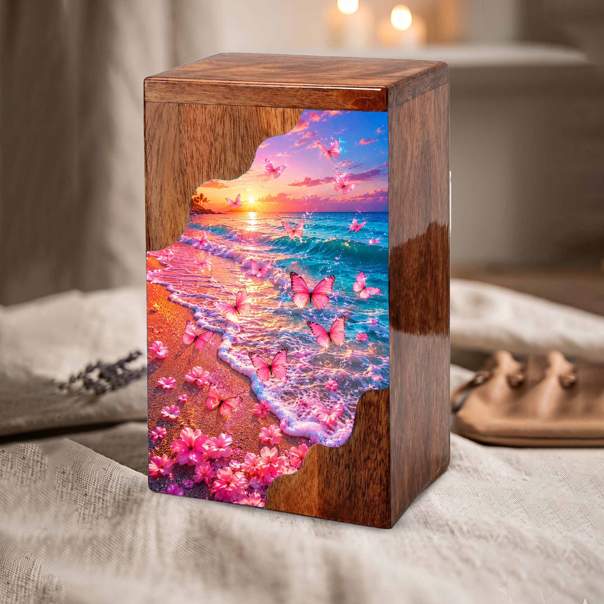 Pink Butterfly Beach Wooden Cremation Urn – Sunset Ocean Memorial Urn for Mom