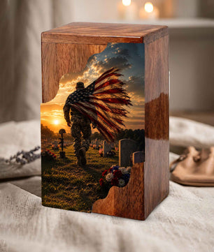 Military Wooden Cremation Urn for Veteran | American Flag Memorial Urn for Dad