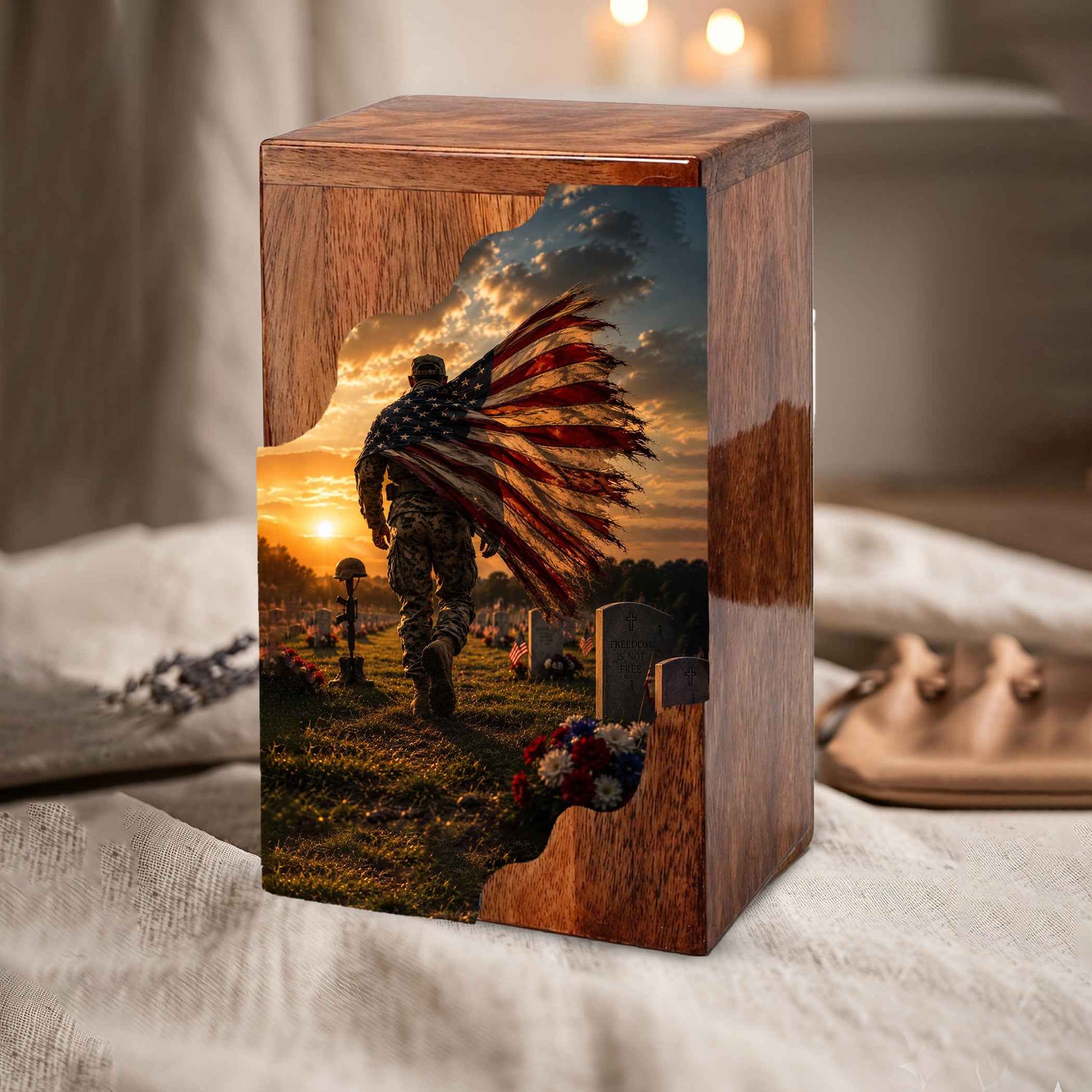 Military Wooden Cremation Urn for Veteran | American Flag Memorial Urn for Dad