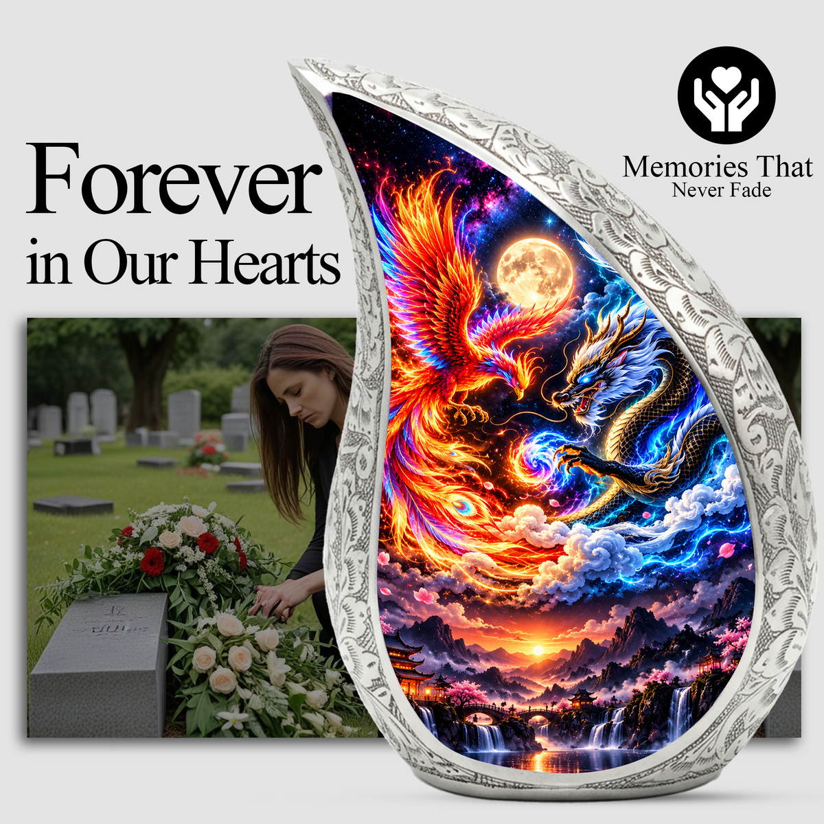Dragon and Phoenix Cremation Urn for Ashes, Mythical Bird Adult Memorial Urn