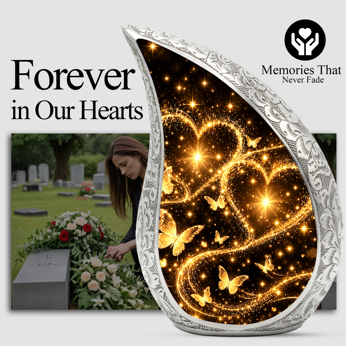 Gold Butterfly Cremation Urn for Ashes, Heart Memorial Urn