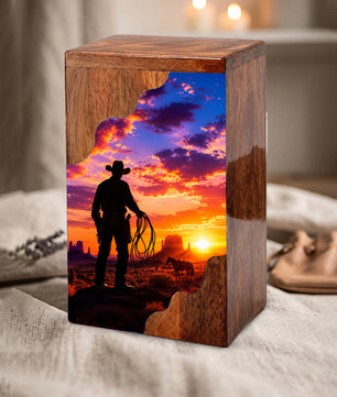 Cowboy Sunset Wooden Cremation Urn – Wooden Urn for Human Ashes