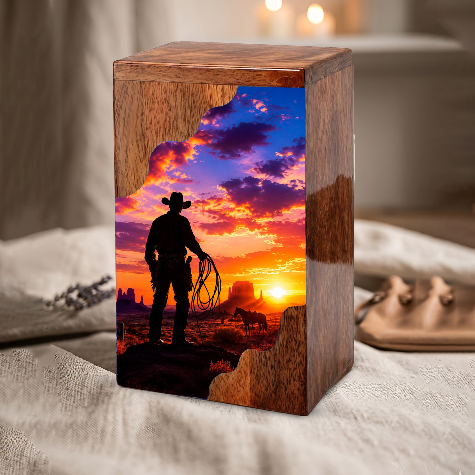 Cowboy Sunset Wooden Cremation Urn – Wooden Urn for Human Ashes
