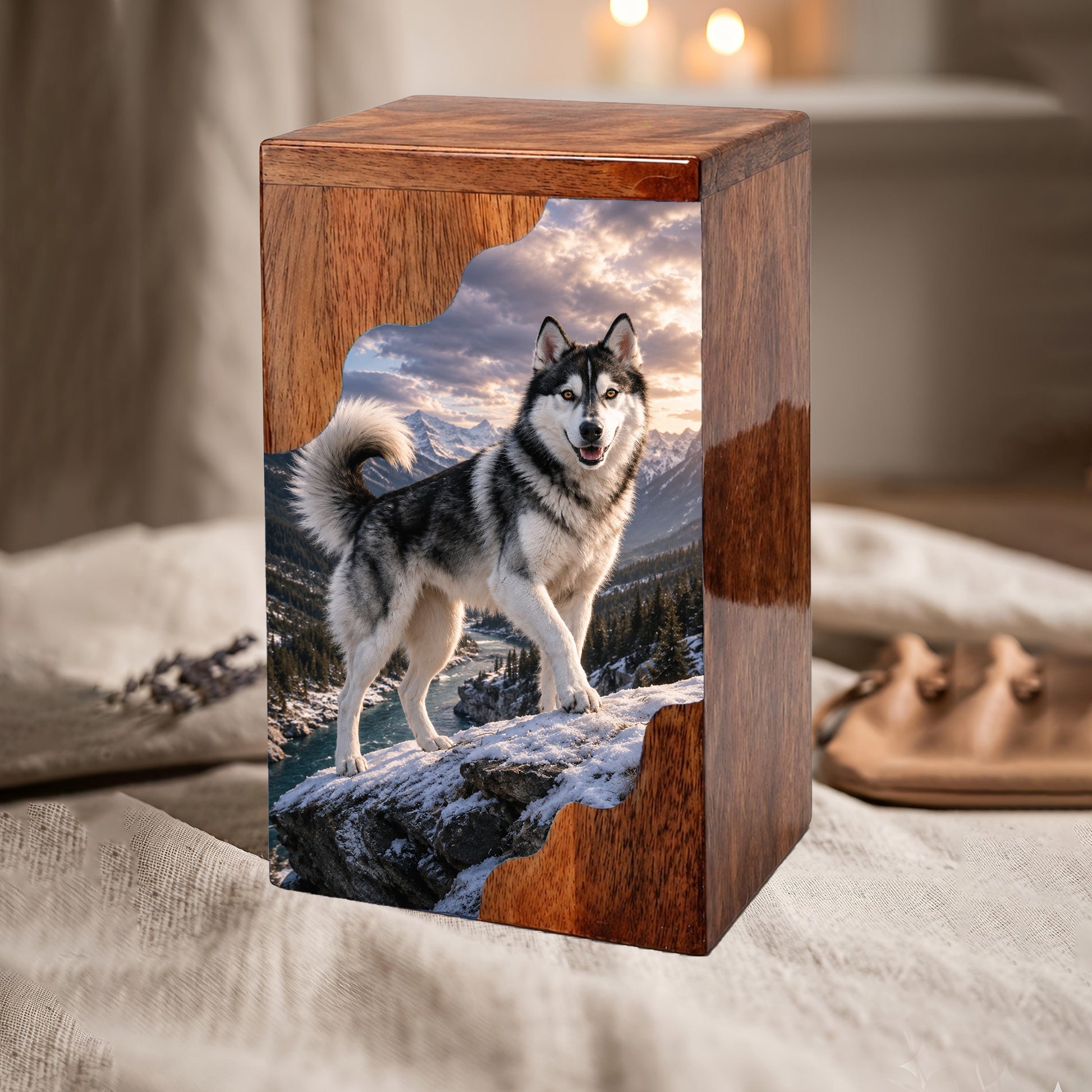 Husky Wooden Cremation Urn – Mountain Memorial Urn