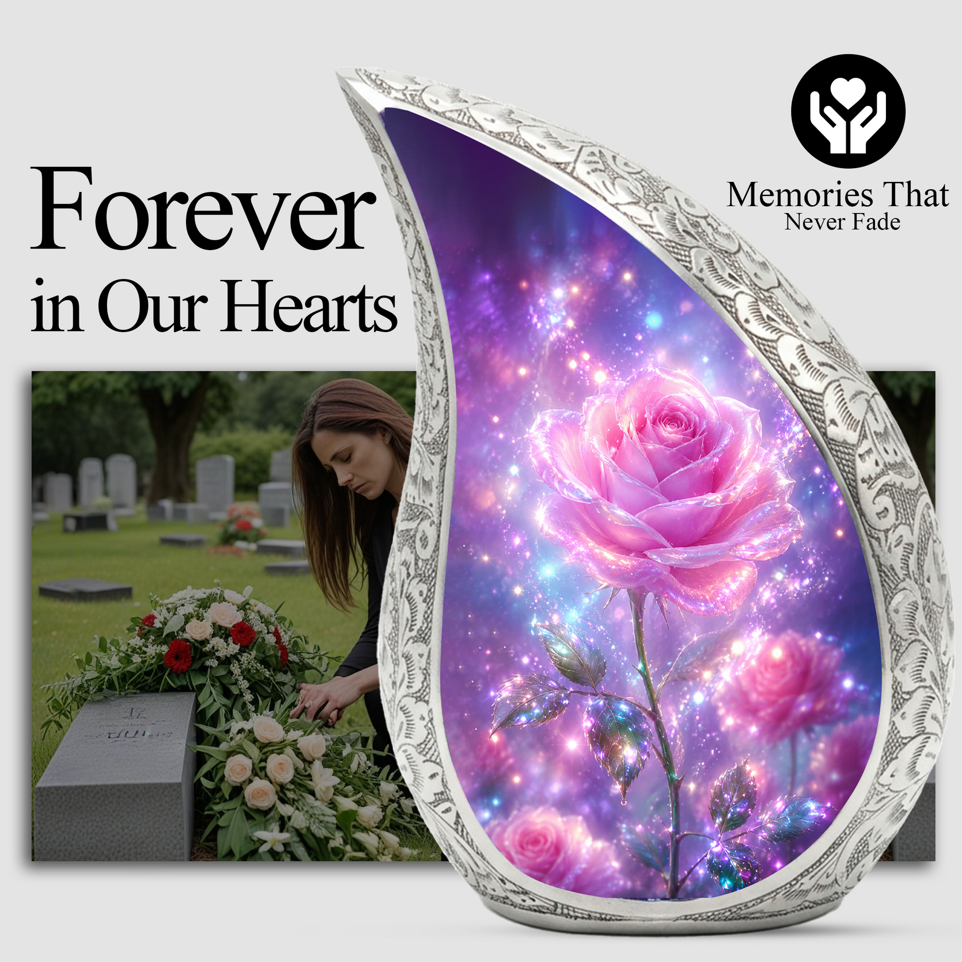 Pink Rose Memorial Urn for Mom, Floral Cremation Urn for Ashes