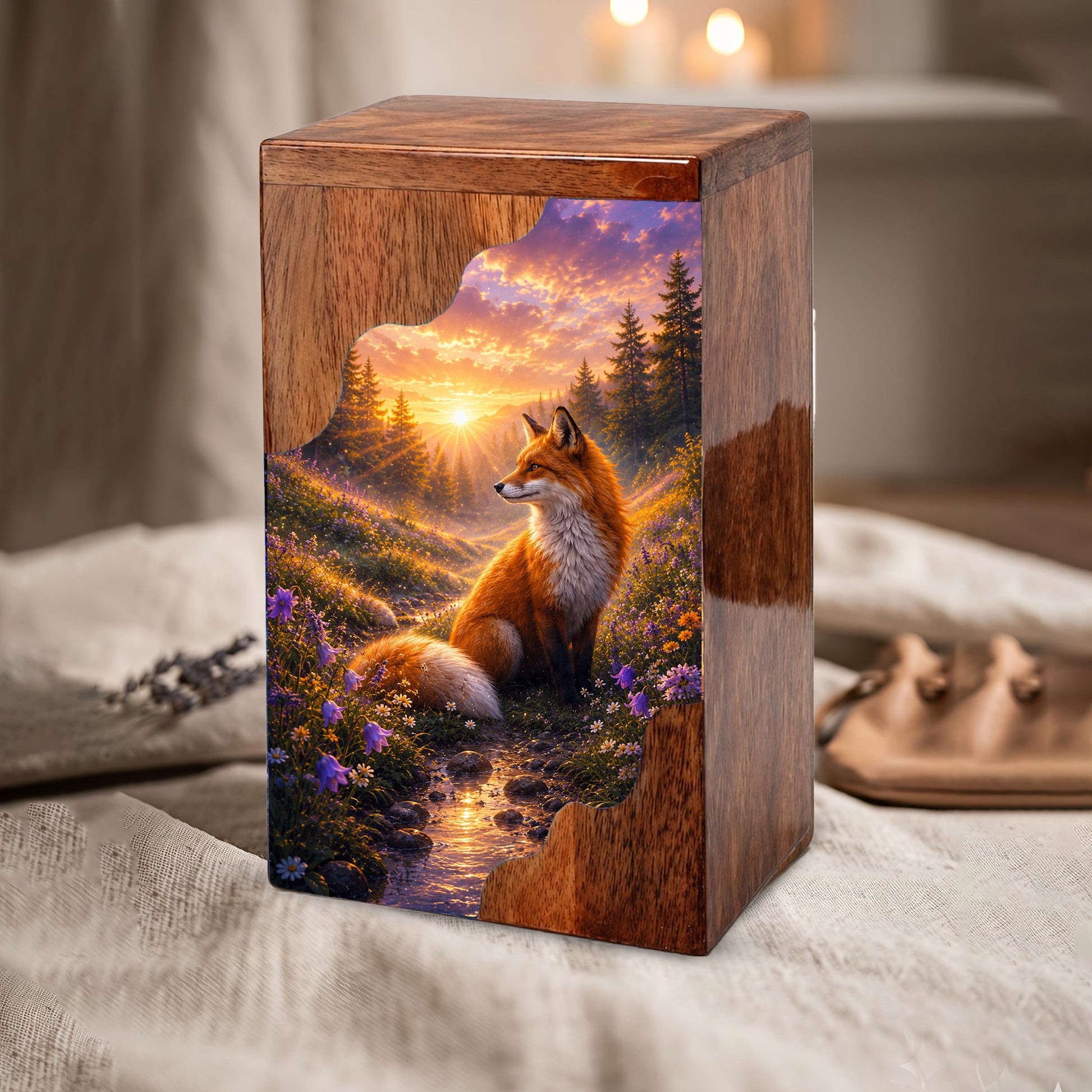 Wooden Cremation Urn for Human Ashes, Fox Memorial Urn