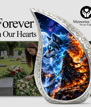 Wolf Warrior Urn for Human Ashes, Adult Cremation Urn with Blue and Fiery Wolf Artwork