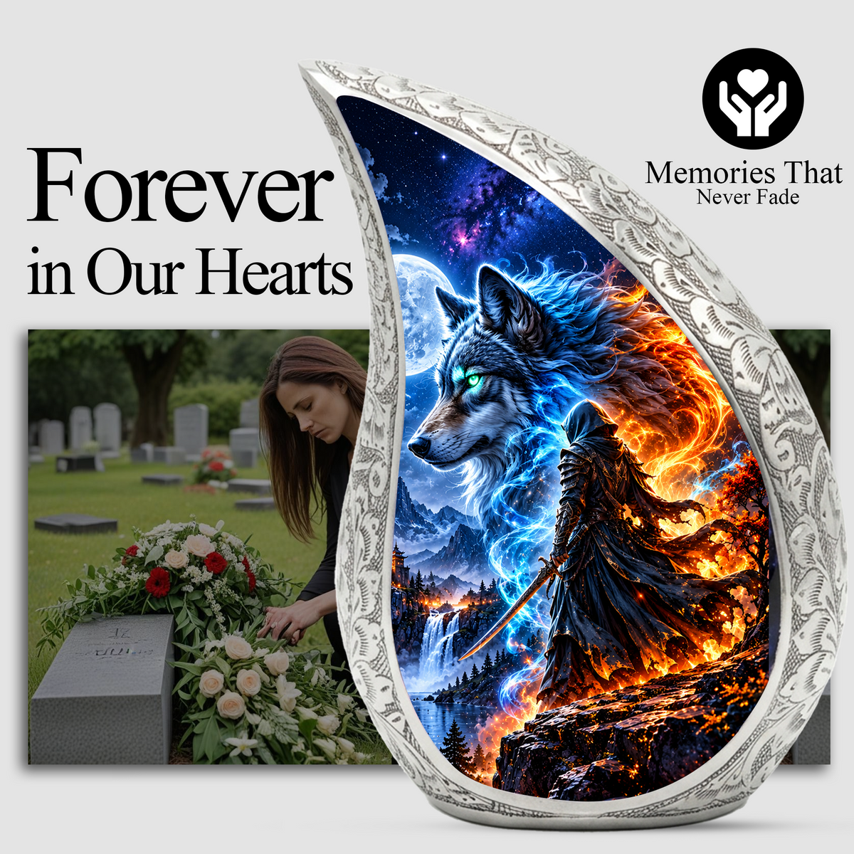 Wolf Warrior Urn for Human Ashes, Adult Cremation Urn with Blue and Fiery Wolf Artwork