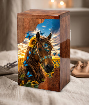 Horse Wooden Cremation Urn – Butterfly & Sunflower Memorial Urn for Ashes