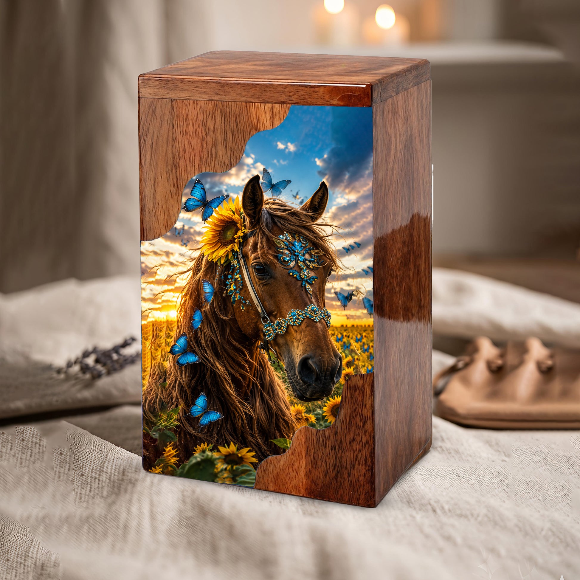 Horse Wooden Cremation Urn – Butterfly & Sunflower Memorial Urn for Ashes