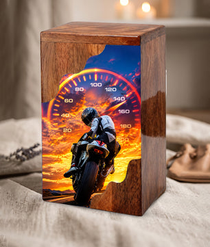 Motorcycle Wooden Cremation Urn – Rider Memorial Urn for Human Ashes