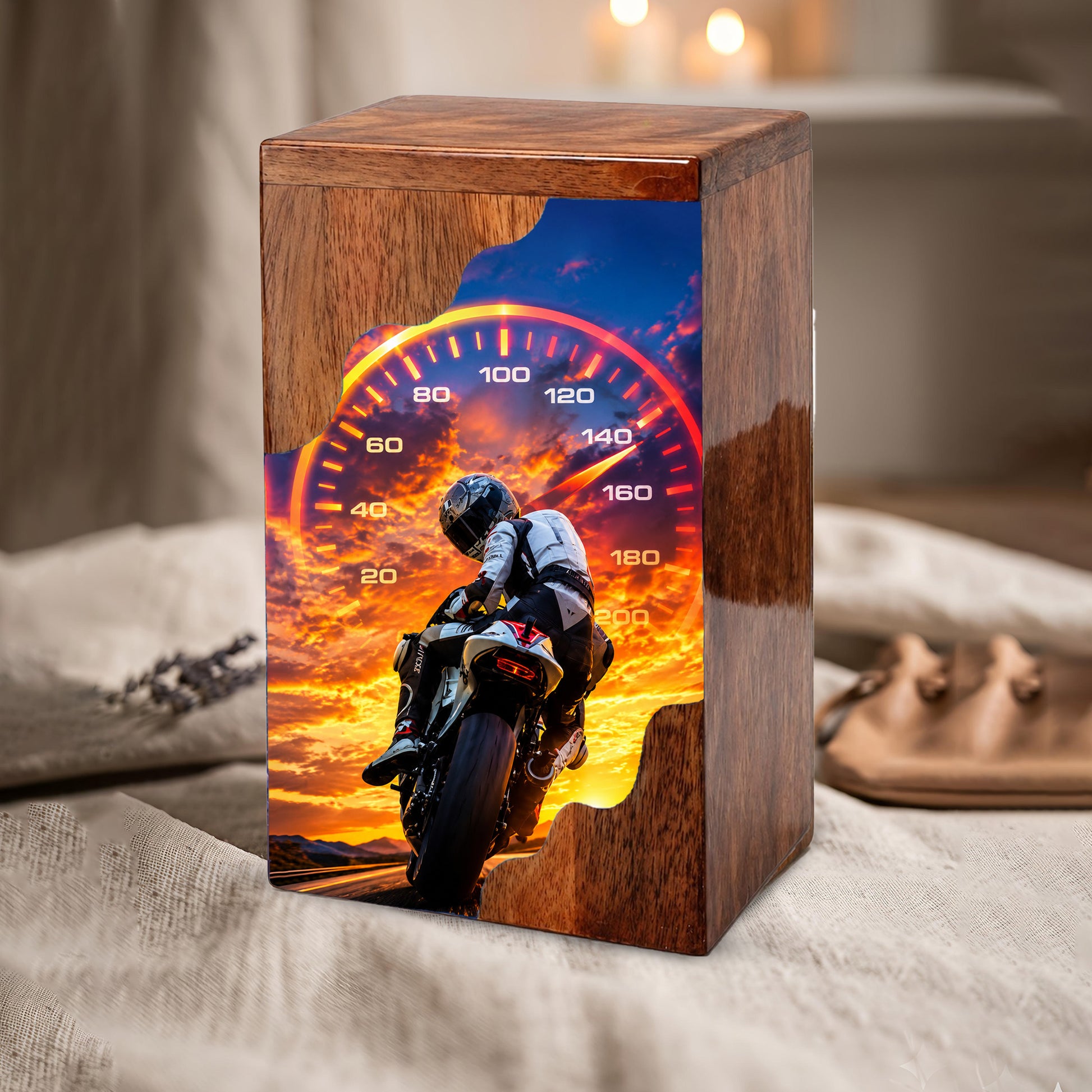 Motorcycle Wooden Cremation Urn – Rider Memorial Urn for Human Ashes