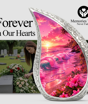 Pink Beach Cremation Urn for Adult Ashes | Beautiful Ocean Wave & Sunset Urn for Mom, Women & Loved Ones