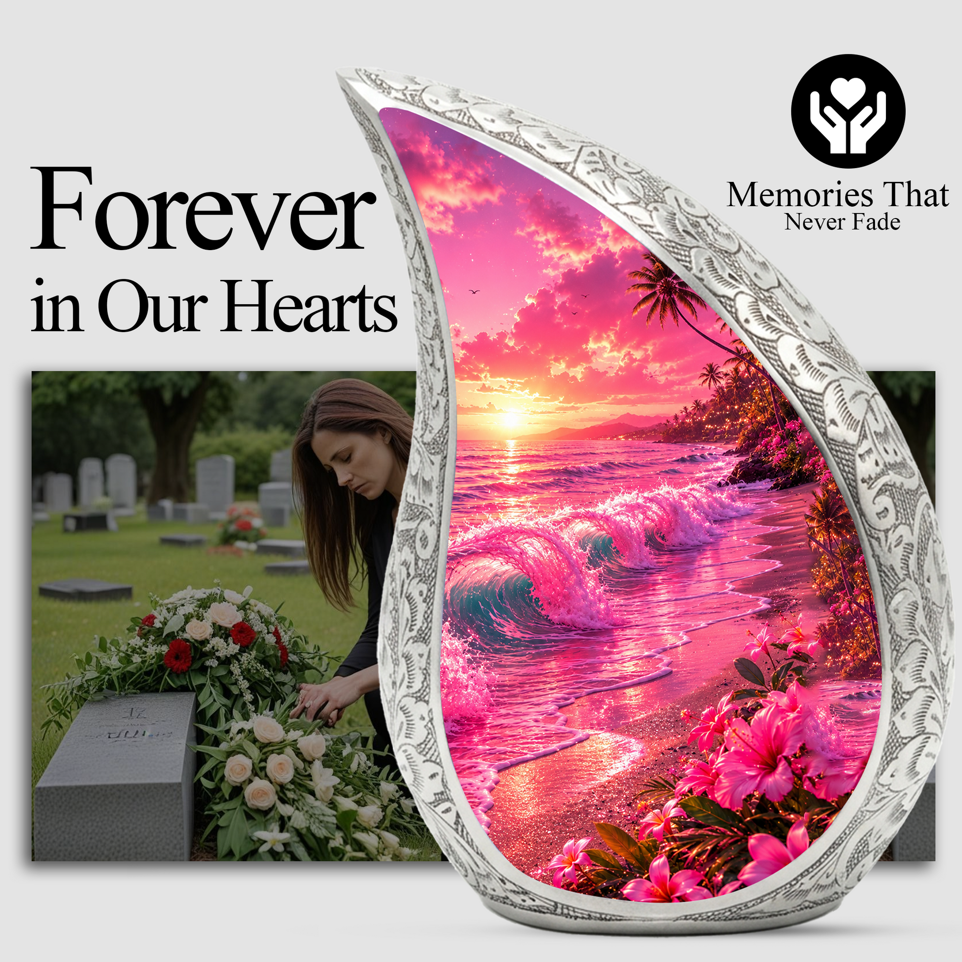 Pink Beach Cremation Urn for Adult Ashes | Beautiful Ocean Wave & Sunset Urn for Mom, Women & Loved Ones