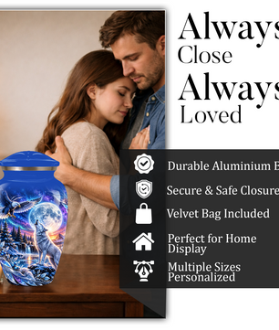 Personalized Adult Cremation Urn for Ashes, Custom Wolf and Eagle Memorial Urn, Blue Moonlight Fantasy Wildlife Design