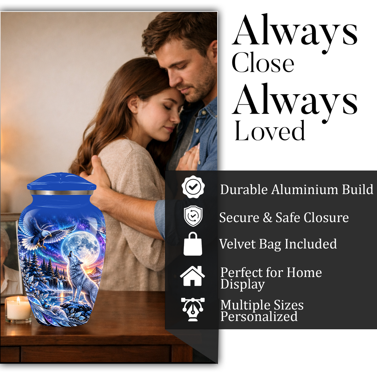 Personalized Adult Cremation Urn for Ashes, Custom Wolf and Eagle Memorial Urn, Blue Moonlight Fantasy Wildlife Design
