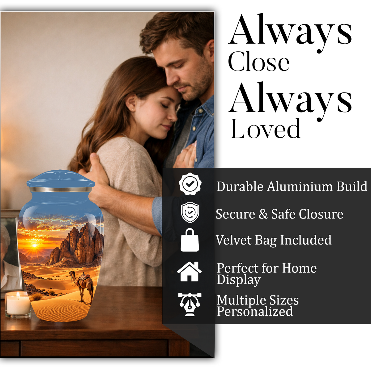 Adult Cremation Urn for Ashes, Personalized Desert Camel Aluminum Urn, Sunset Mountain Memorial Urn