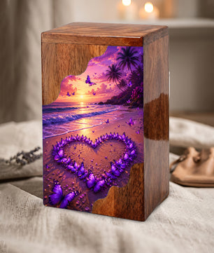 Purple Butterfly Beach Wooden Cremation Urn – Sunset Memorial Urn for Mom
