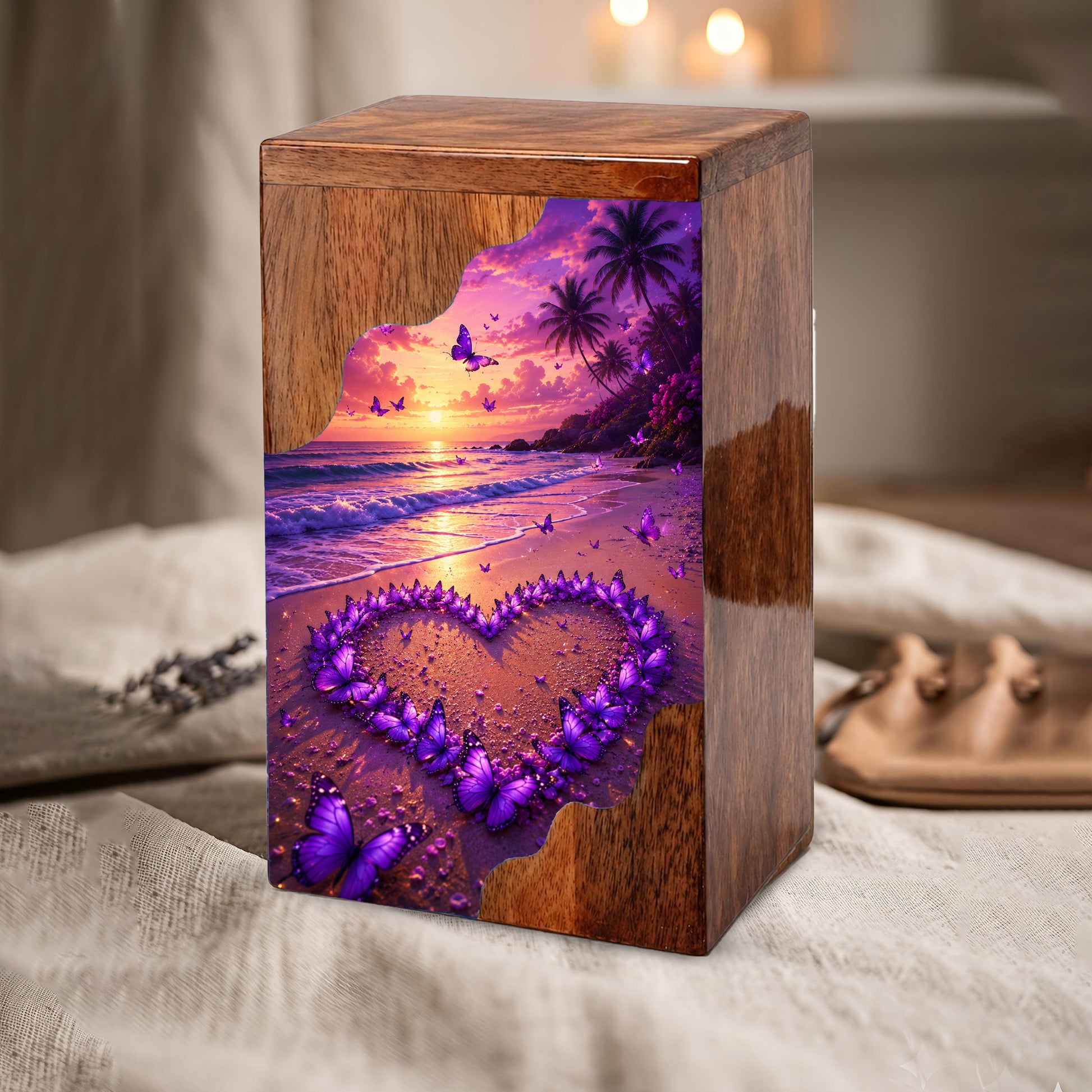 Purple Butterfly Beach Wooden Cremation Urn – Sunset Memorial Urn for Mom