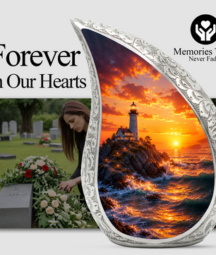 Ocean Sunset Lighthouse Cremation Urn for Human Ashes – Adult Memorial Urn for Dad, Father, Men & Loved Ones