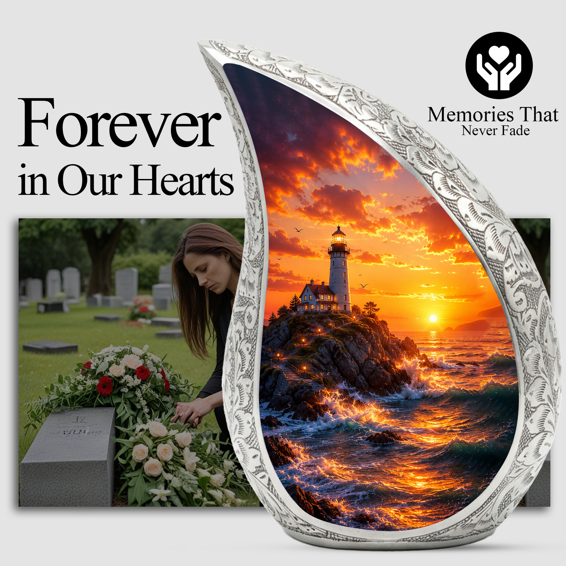 Ocean Sunset Lighthouse Cremation Urn for Human Ashes – Adult Memorial Urn for Dad, Father, Men & Loved Ones