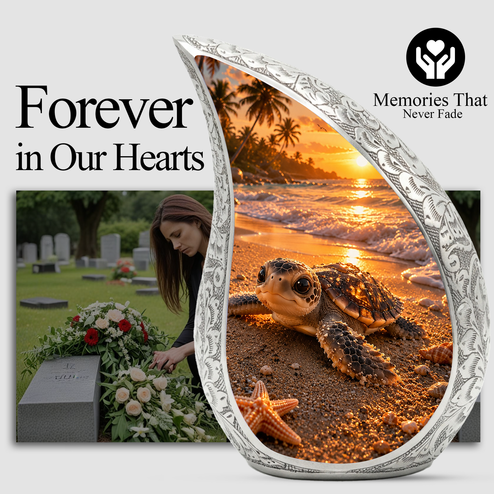 Baby Turtle Beach Urn for Human Ashes | Ocean Wave Wooden Cremation Urn