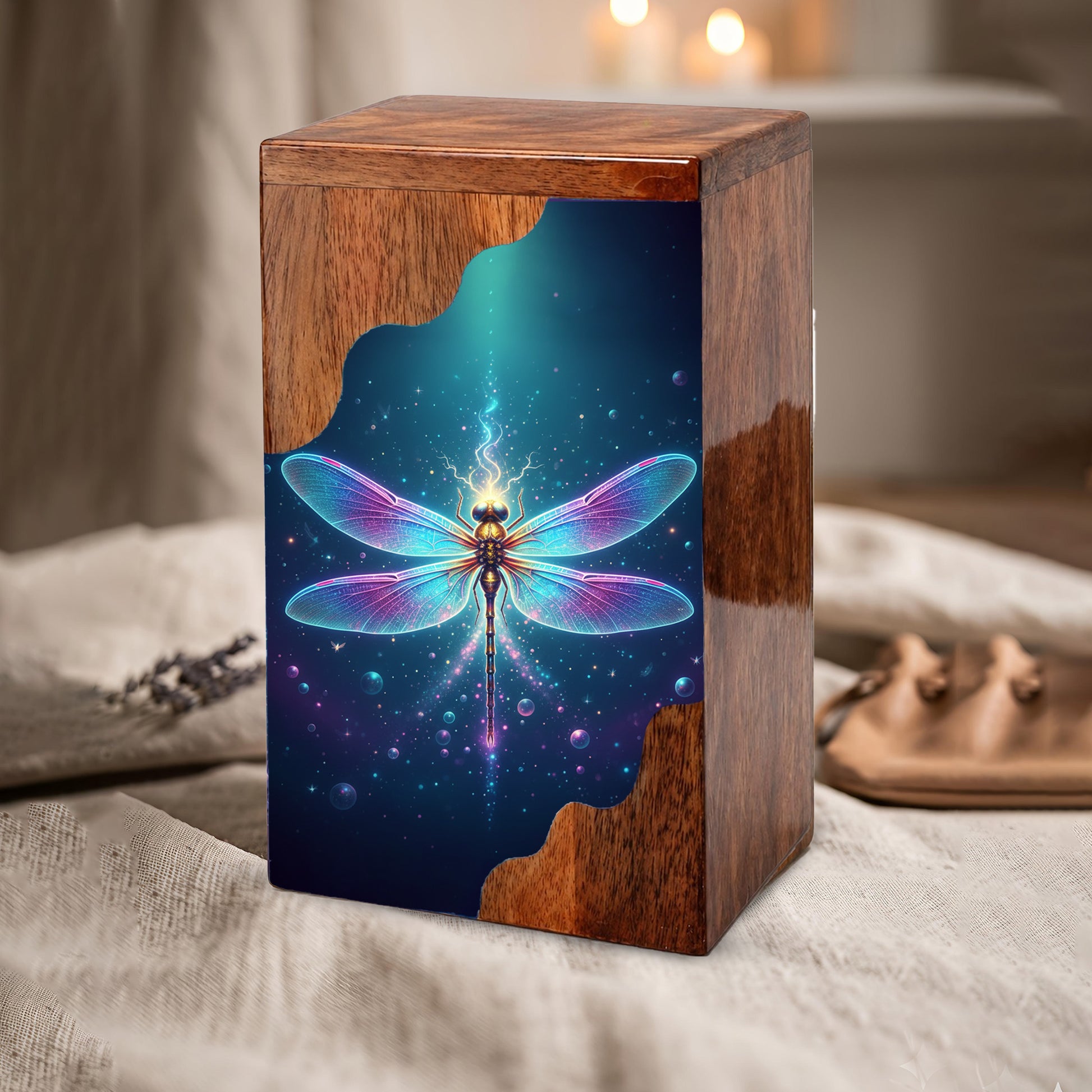 Dragonfly Wooden Cremation Urn – Radiant Butterfly Inspired Memorial Wooden Urn for Human Ashes