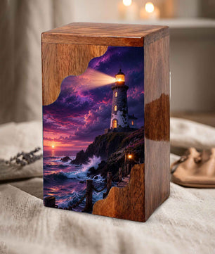 Lighthouse Wooden Cremation Urn for Human Ashes | Personalized Coastal Memorial Urn