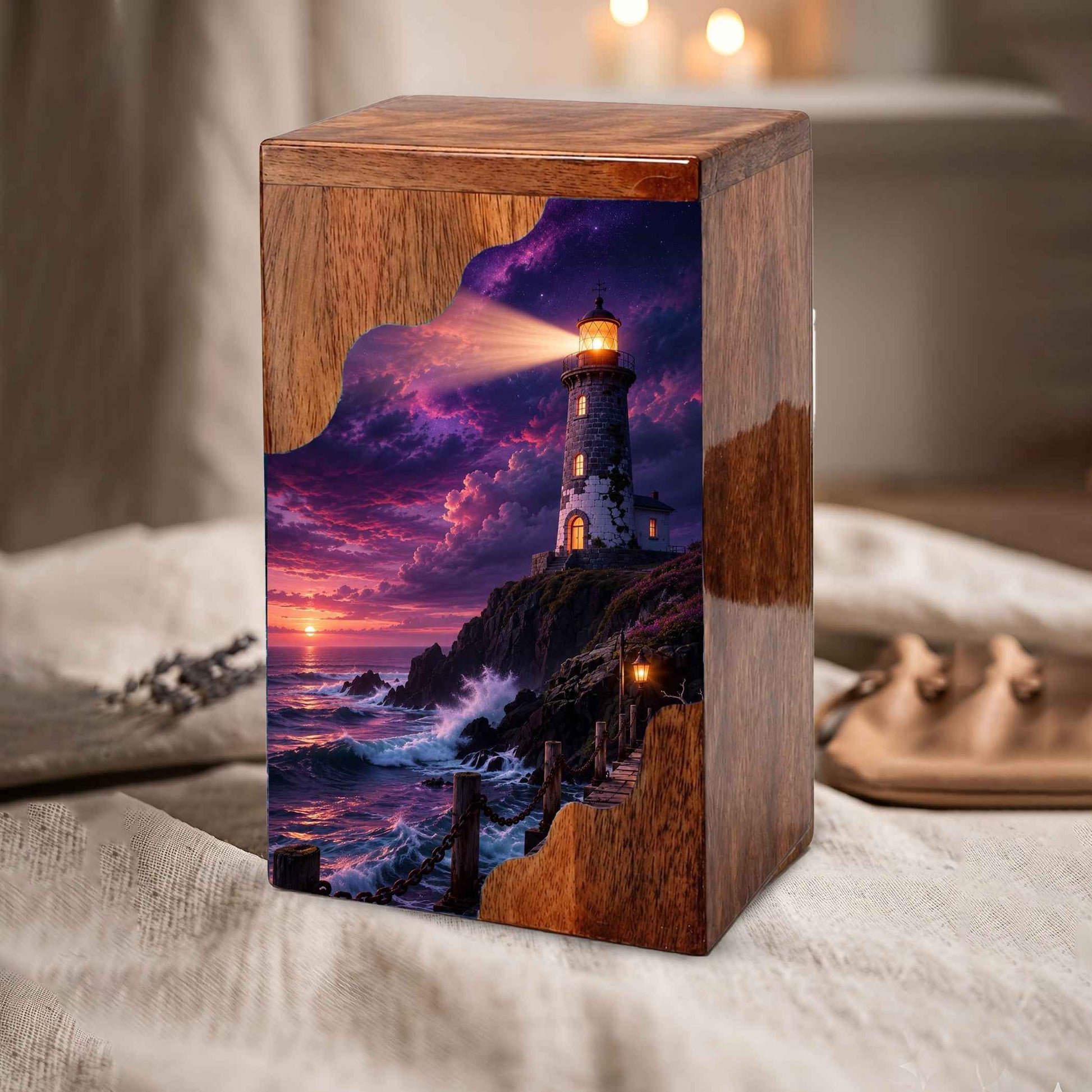 Lighthouse Wooden Cremation Urn for Human Ashes | Personalized Coastal Memorial Urn
