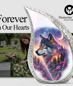 Personalized Wolf Dog Cremation Urn – Custom Pet Memorial Urn for Dog Ashes, Woodland Wolf Teardrop Aluminum Pet Urn, 10 Inch